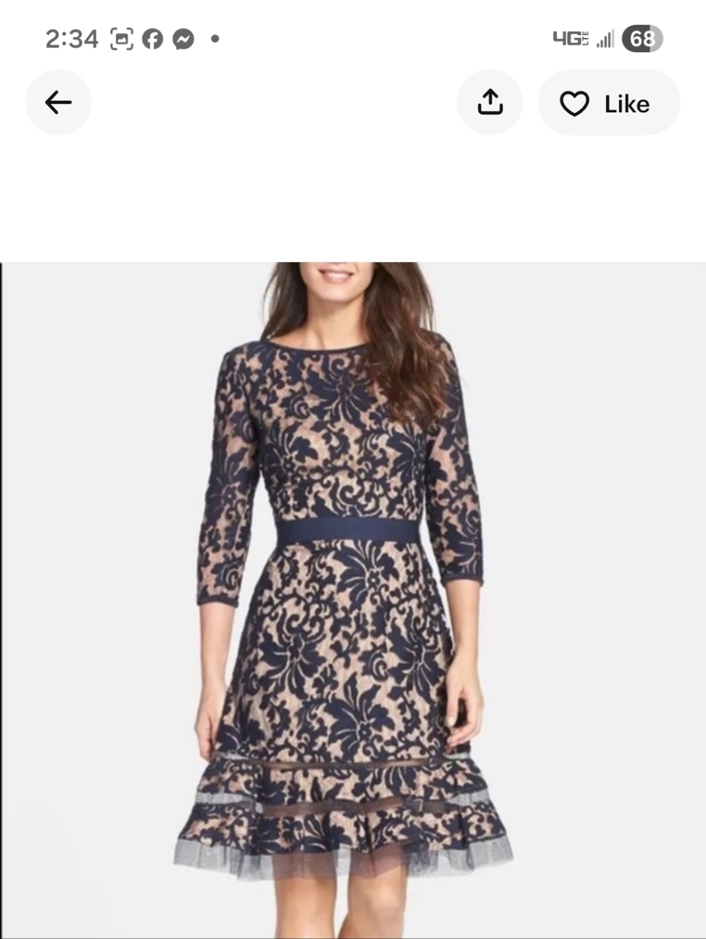 Tadashi Shoji Navy Floral Lace Midi Dress with Nude Underlay, Size 2